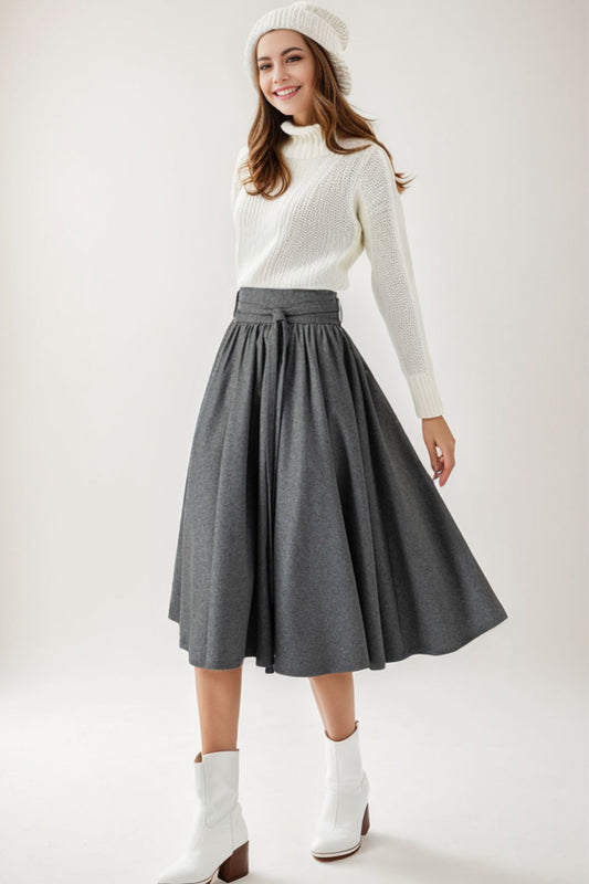 Winter Wool Midi Swing Skirt with Pockets C4266