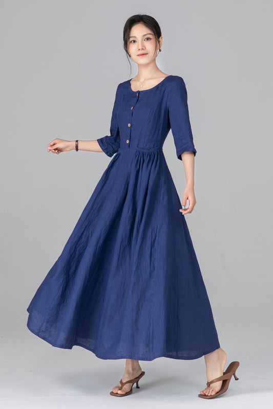 Blue Linen Maxi Dress - Pleated Waist & Button Front | Ylistyle C5514