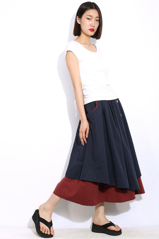 Blue linen midi asymmetrical skirt C335