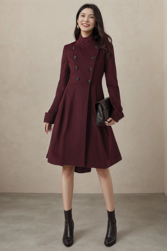 Burgundy Double Breasted Wool Coat Women C4409