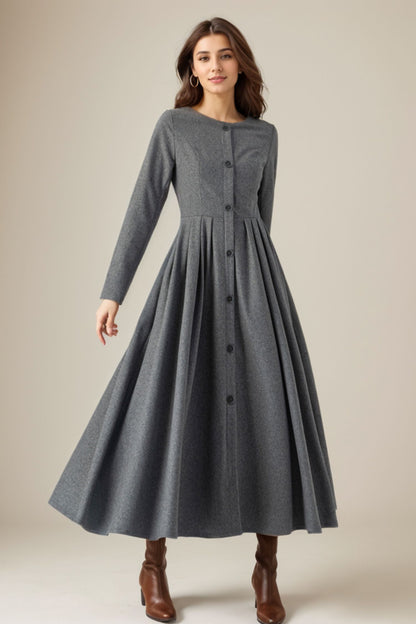 Midi Button Front Wool Dress C4319