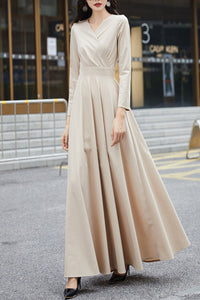 khaki spring and autumn V neck dress C4184