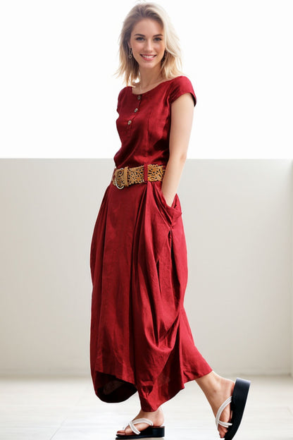Linen Summer red womens asymmetrica dress C255