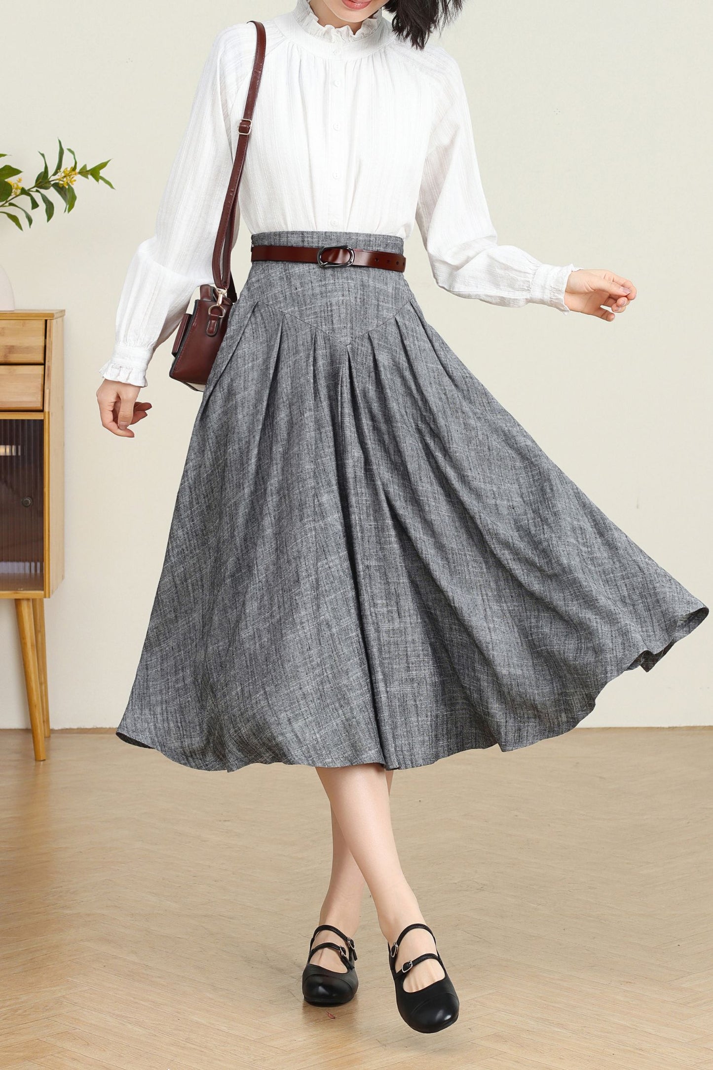 Grey Linen Swing Midi Skirt C4737