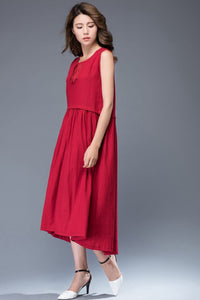 Red linen midi sleeveless loose summer dress C944