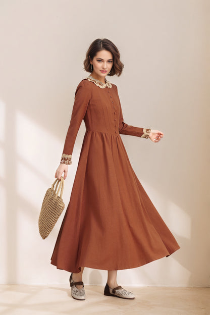 Vintage Regal Style Spring Rust Red Linen dress with Lace C5334