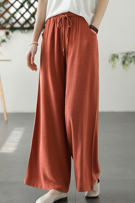 loose cotton linen solid wide leg pants L0619