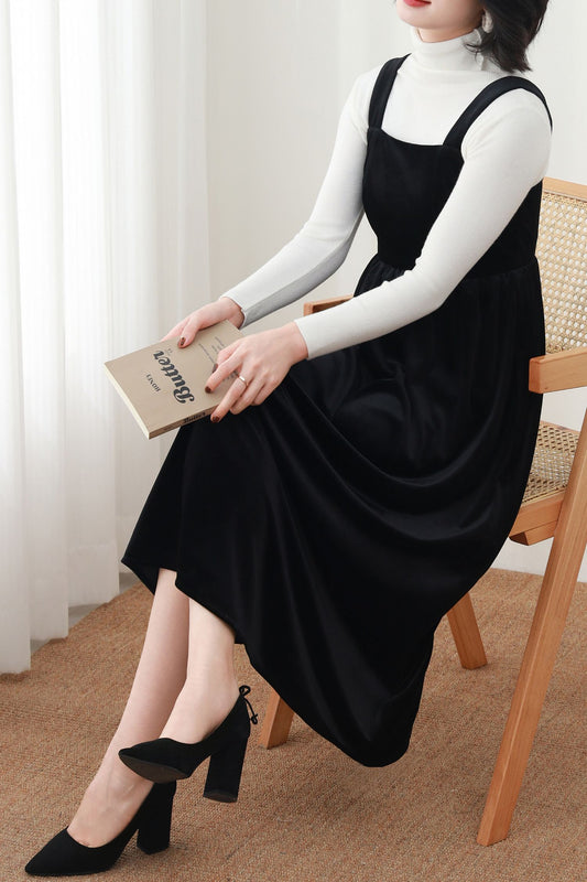 Black Velvet Midi Dress – Sleeveless A-Line Pinafore Dress with Square Neck, Autumn Winter Wear, Handmade, Ylistyle C5447