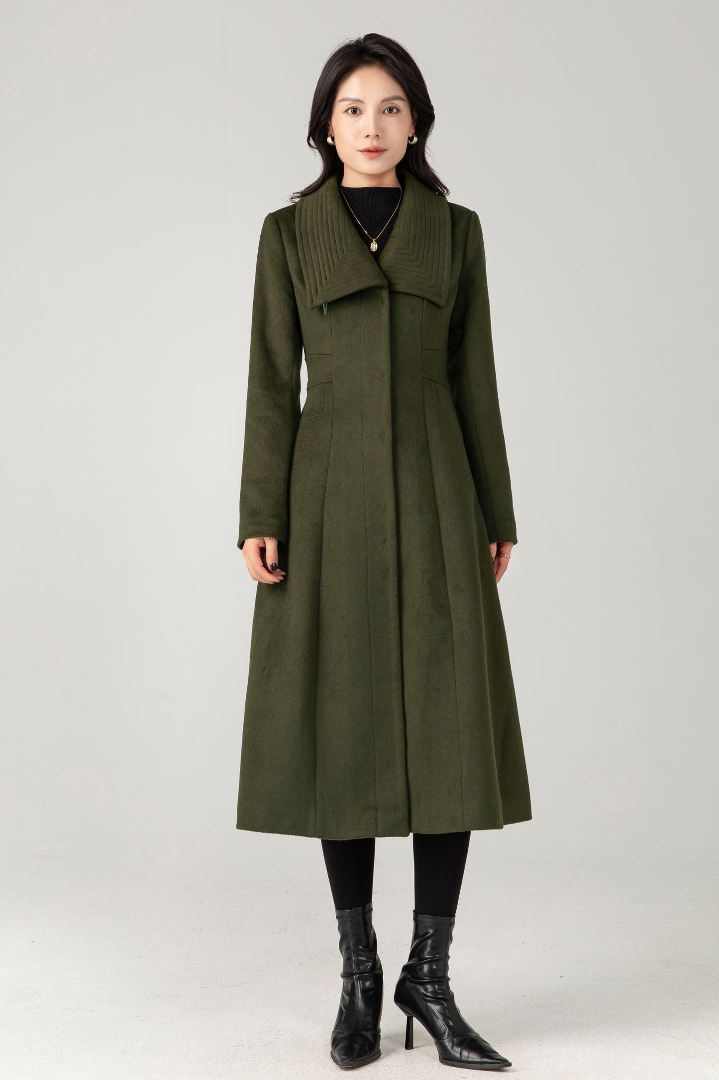 Army Green Wool Midi Coat: Women Tailored Winter Coat with Statement Collar C5335