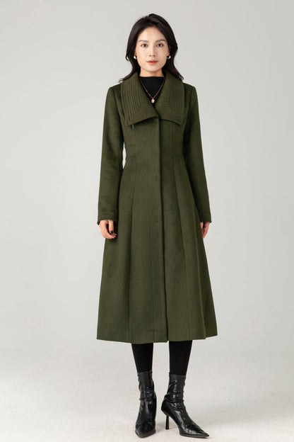 Army Green Wool Midi Coat: Women Tailored Winter Coat with Statement Collar C5335