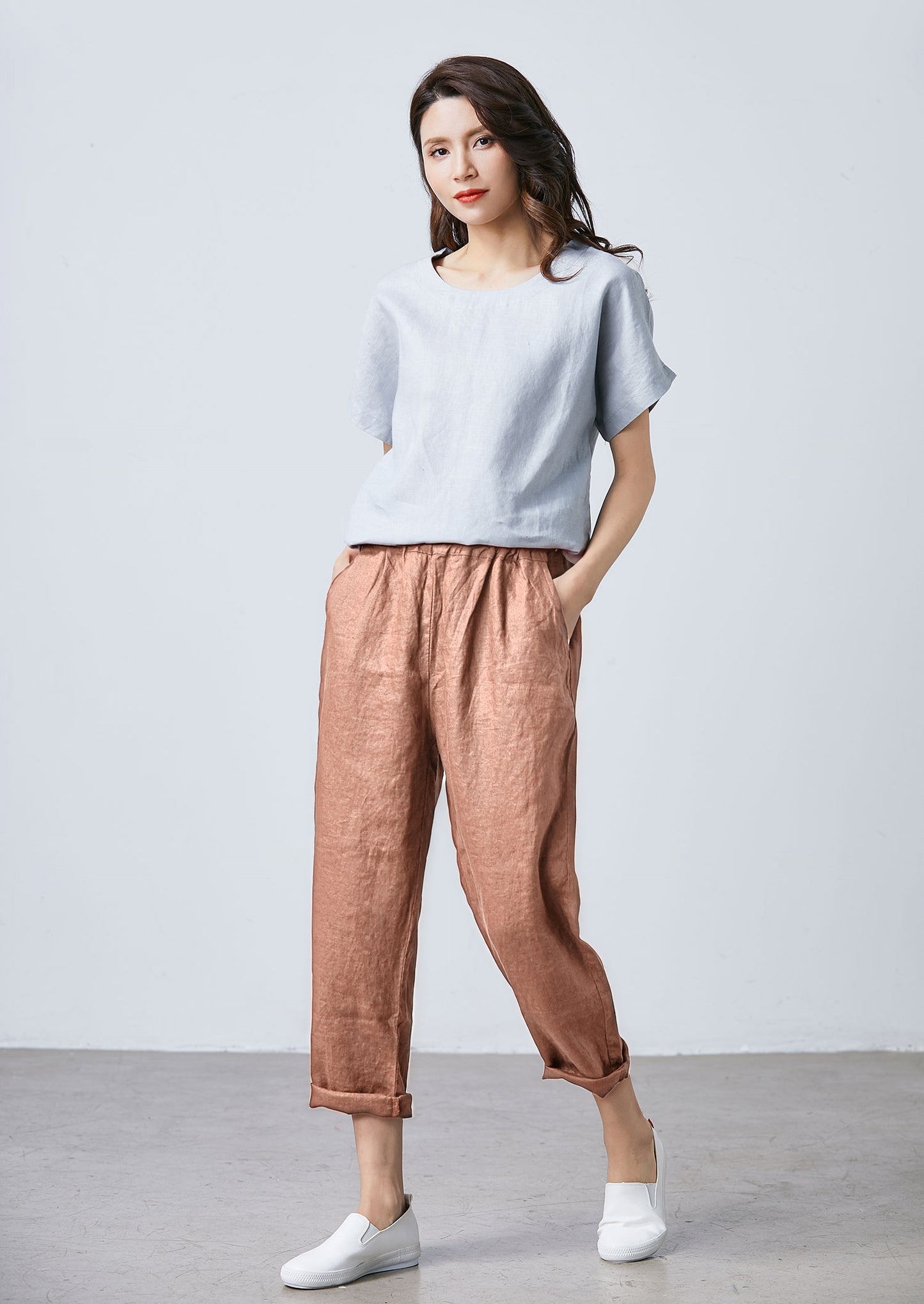 Linen Cropped Pants: Tapered Loose Fit with Elastic Waist, Ylistyle C5325