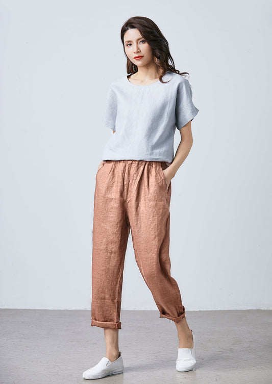 Linen Cropped Pants: Tapered Loose Fit with Elastic Waist, Ylistyle C5325