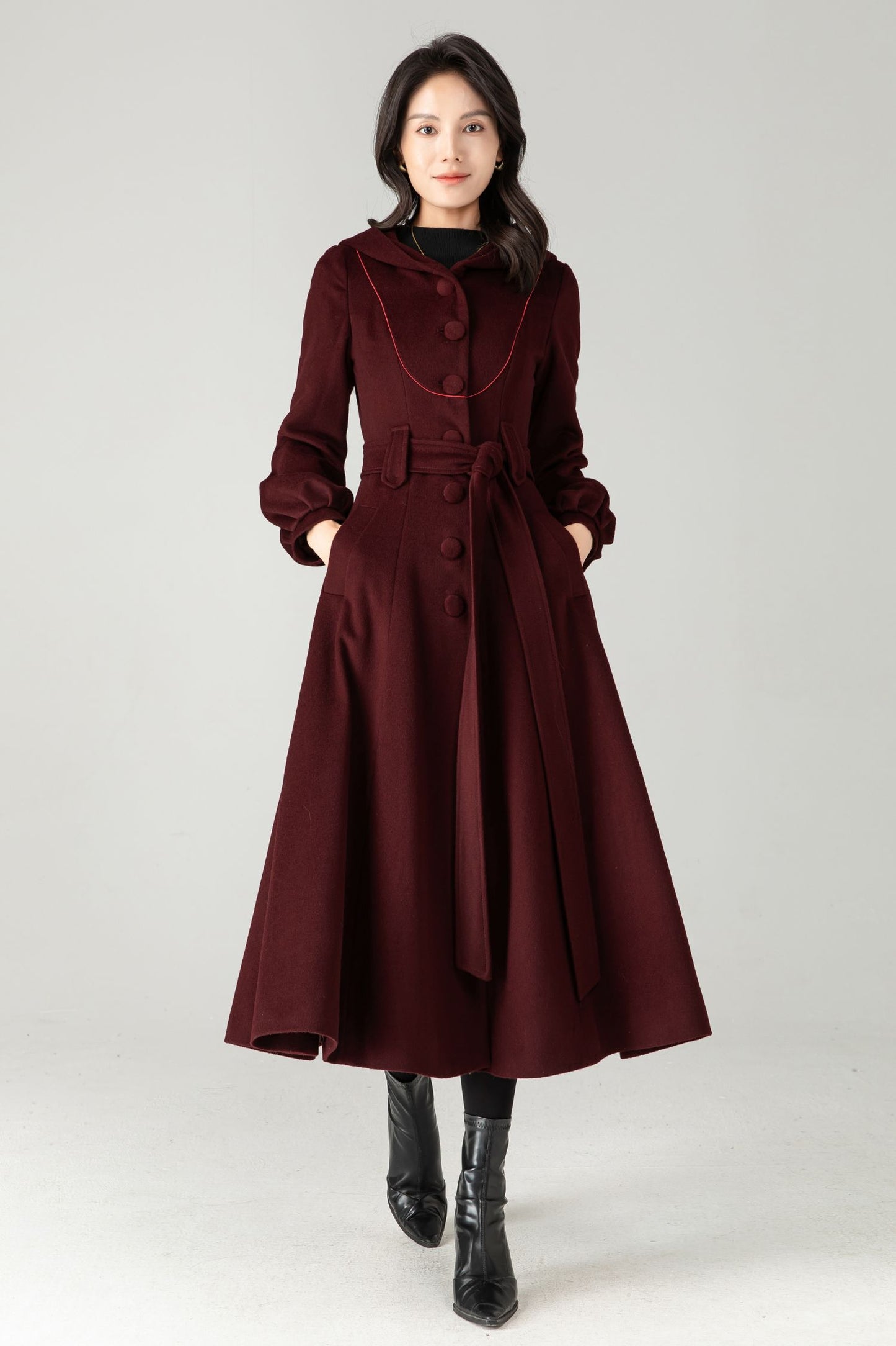 Burgundy Wool Blend Hooded Coat: Retro Belted A-Line Long Winter Coat C5343