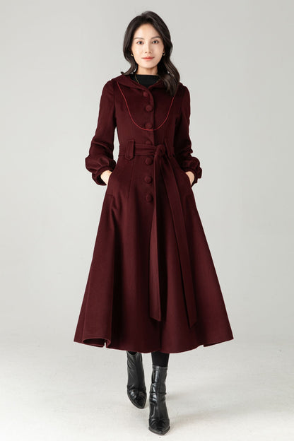 Burgundy Wool Blend Hooded Coat: Retro Belted A-Line Long Winter Coat C5343