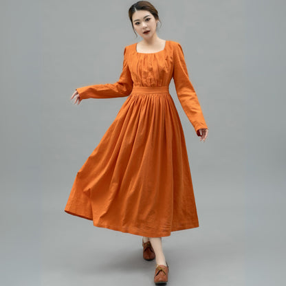 Light Orange Spring Linen Dress Women C4747