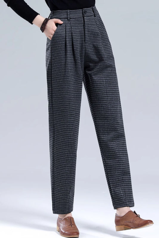 Casual plaid long wool pants C5216