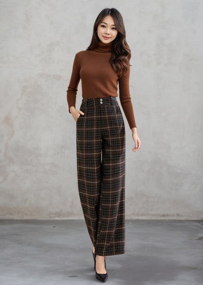 Wide leg Plaid Wool Pants C4461