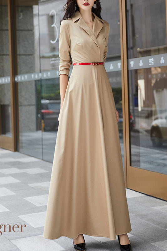 Khaki long-sleeved suit collar long dress C4179