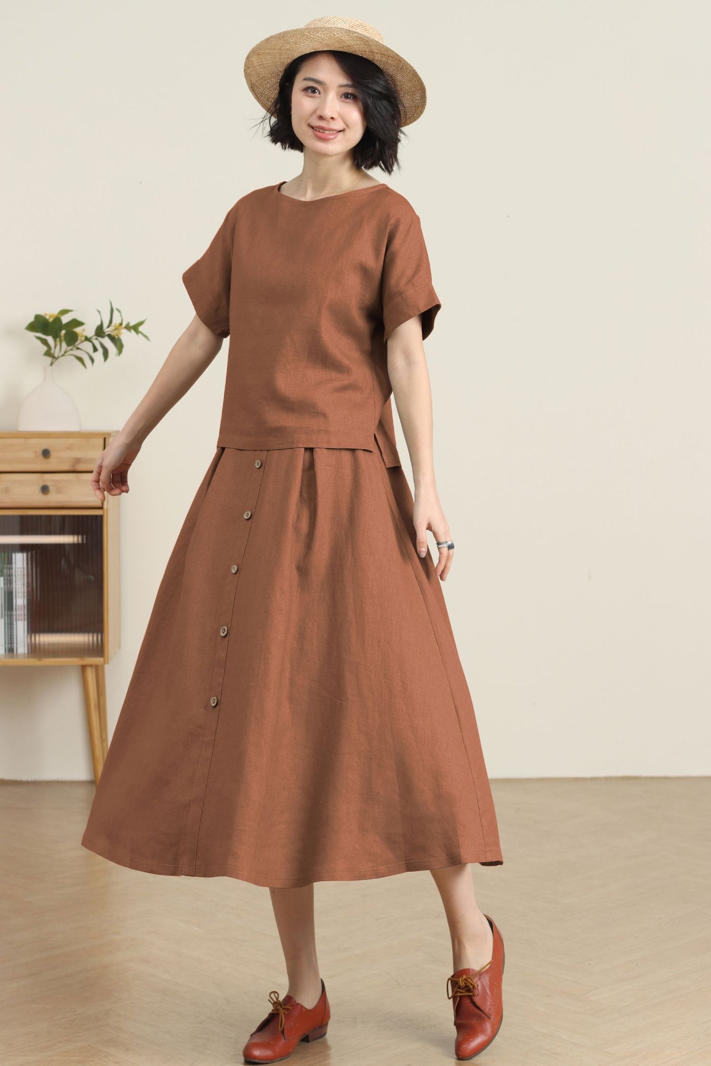 High Waisted Linen Skirt with Pockets C5455