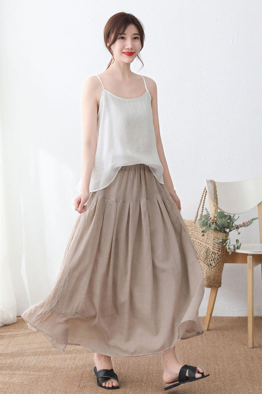 Beige Cotton linen maxi Summer swing A Line pleated skirt C2335