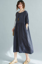 Load image into Gallery viewer, Natural Half Sleeve Linen Midi Dress in Navy C2113
