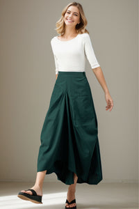 Women's Green Asymmetrical Casual Linen Skirt C4137