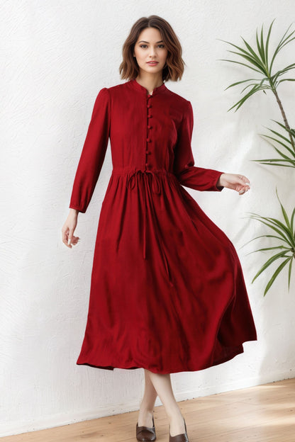 Red Linen Midi Dress: Long Sleeves Button Front Drawstring Waist Dress , Ylistyle C5329