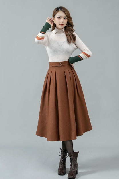 Pleated midi winter wool skirt with pockets C4445