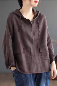 Hooded long sleeves linen tops C4431