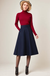 Dark Blue A Line Wool Skirt Women C4352