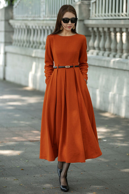 Maxi swing pleated winter wool dress C4482