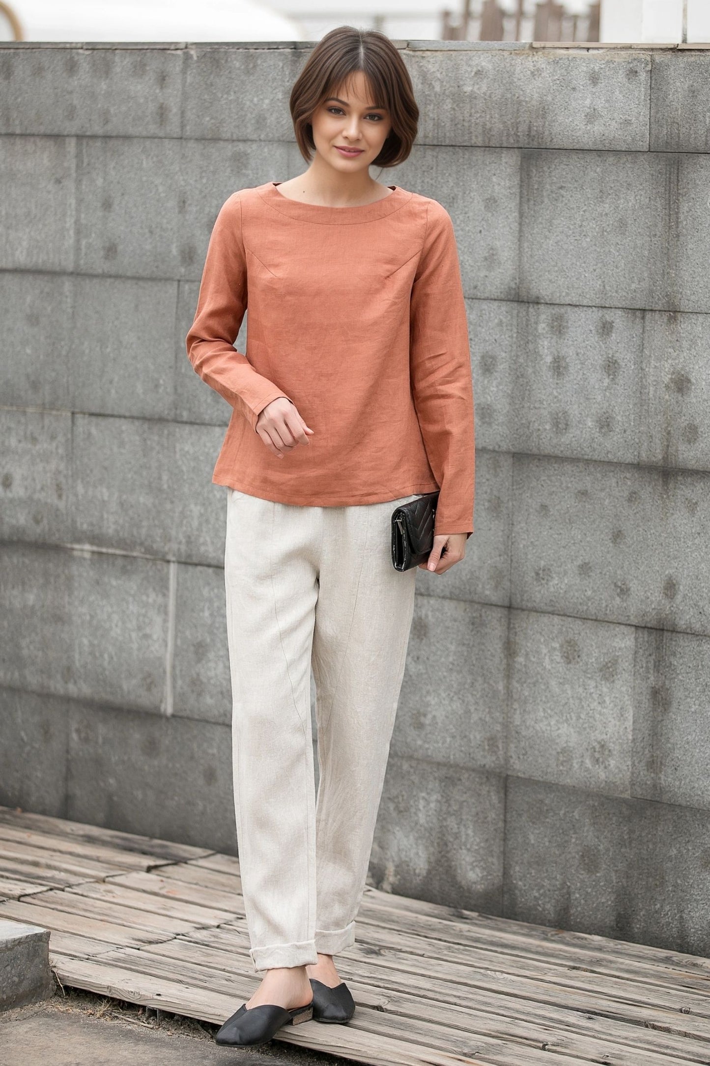 Orange Linen Blouse: Long Sleeve Boat Neck Relaxed Fit Women’s Top, Ylistyle C5409