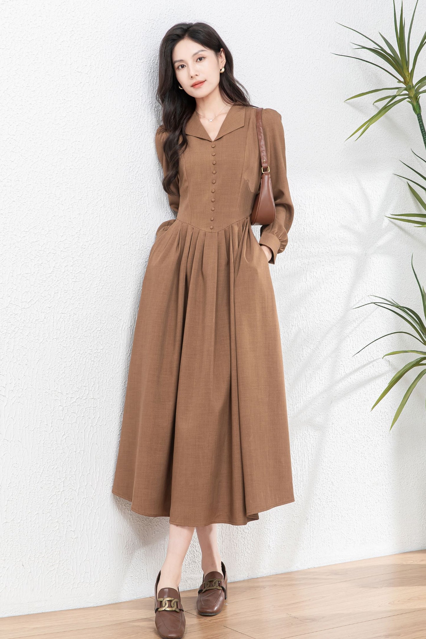 Vintage-Inspired Shirt Dress – Long Sleeve Midi Dress C4759