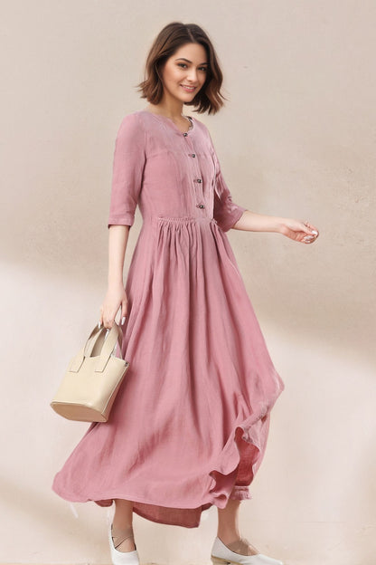 Women's Summer Pink Linen Dress C5383