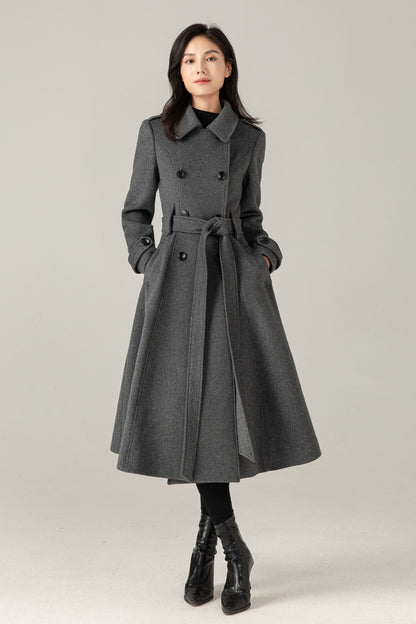 Gray Wool Blend Swing Coat: Double Breasted Belted Maxi Winter Overcoat, Ylistyle C5376