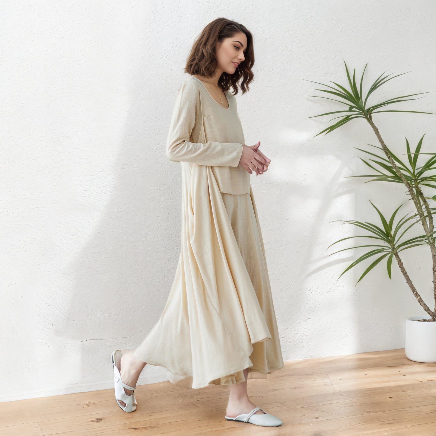 Asymmetrical spring Linen dress C5414