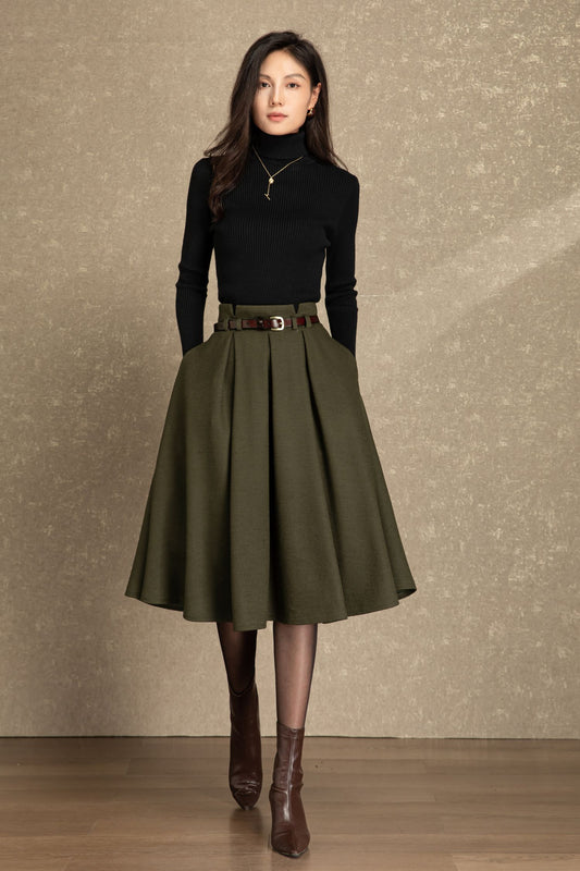 Army green pleating winter wool skirt C4486