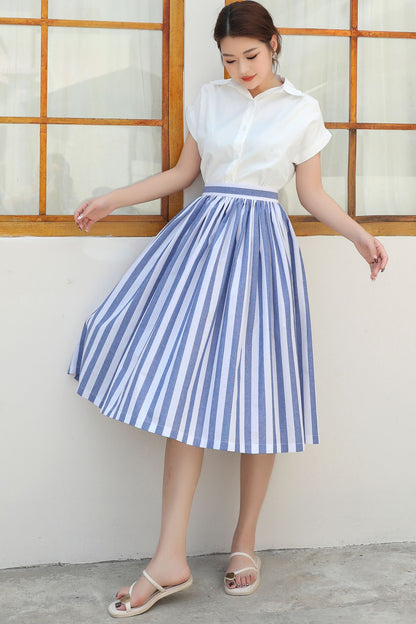 Striped linen Midi A-Line Skirt c4840