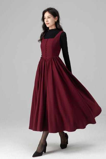 Square Neck Maxi Pinafore Wool Dress for Women C5201