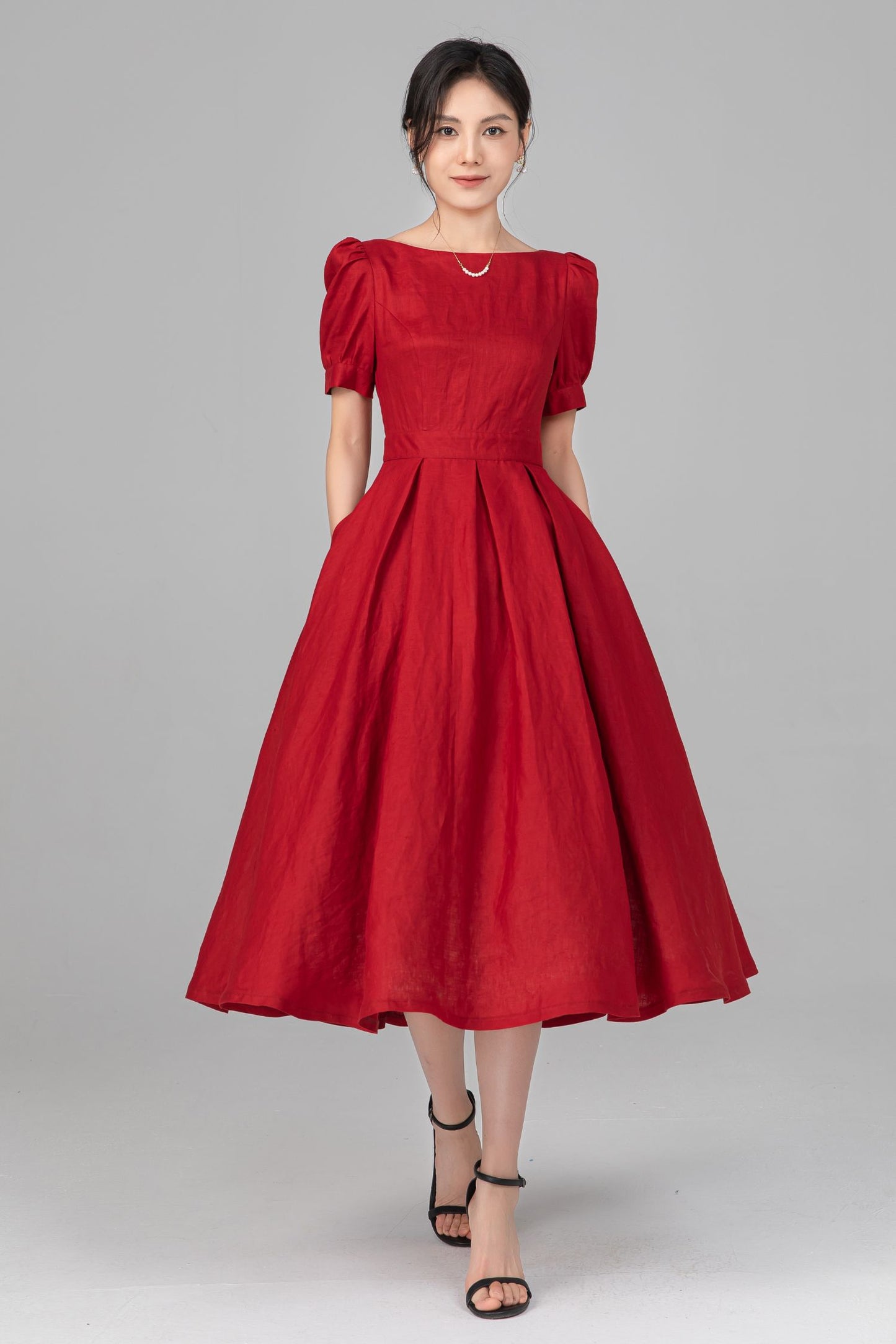 Red Linen Puff Sleeve Midi Dress - A-Line Bow Waist | Ylistyle C5517