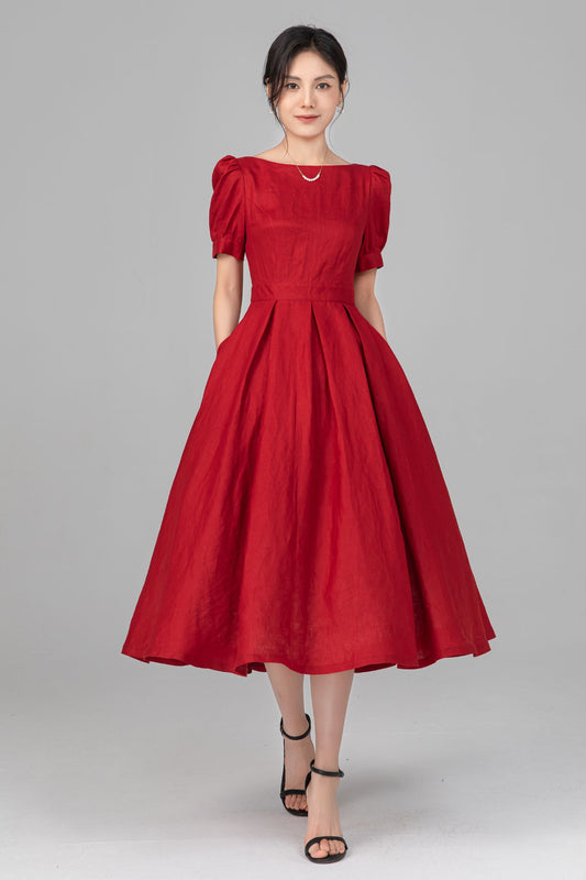 Red Linen Puff Sleeve Midi Dress - A-Line Bow Waist | Ylistyle C5517