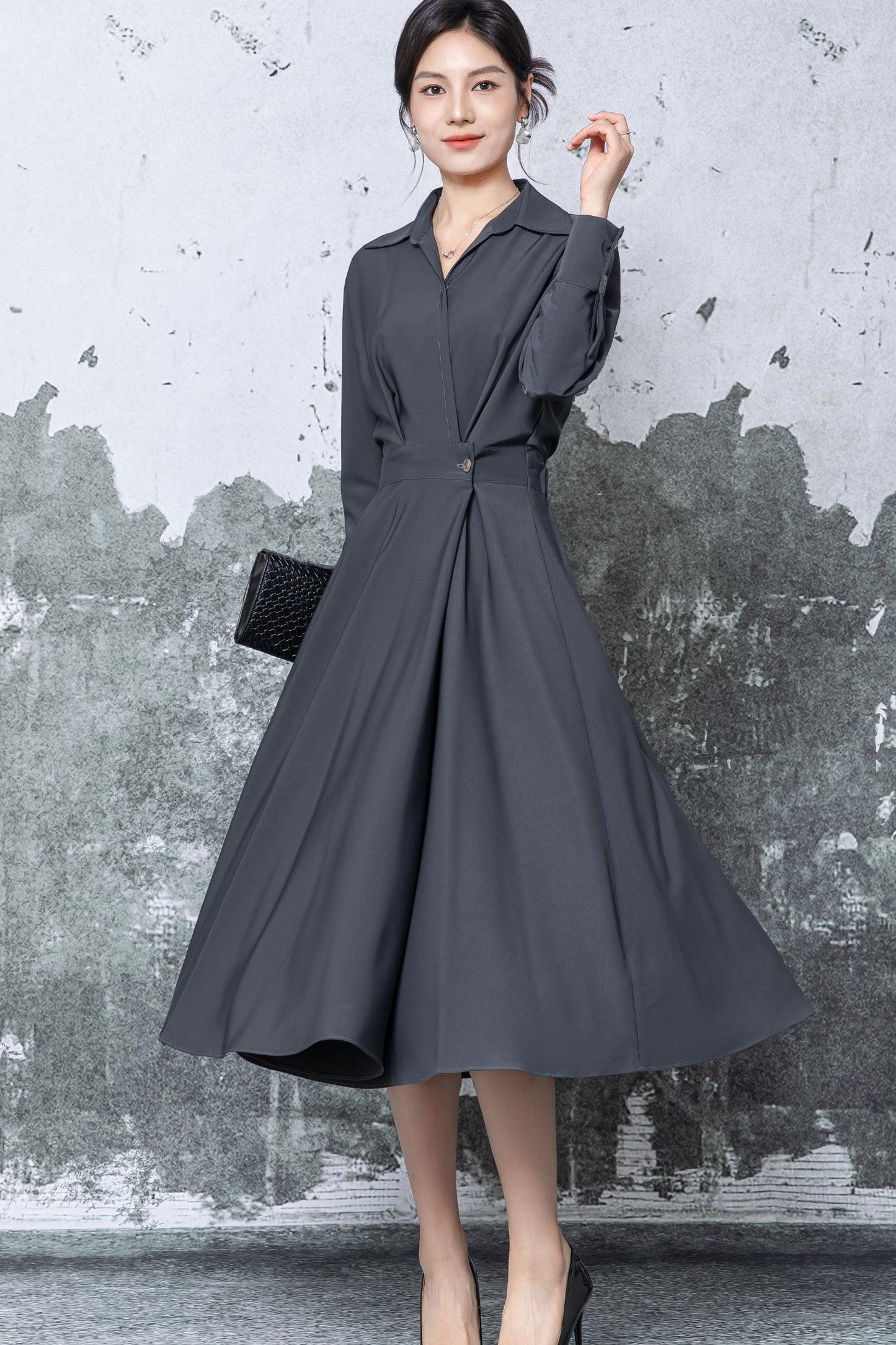 Gray Polyester Shirt Midi Dress - Pleated Flared Skirt c5471
