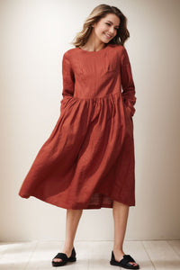 Elegant Orange Linen Dress C4136