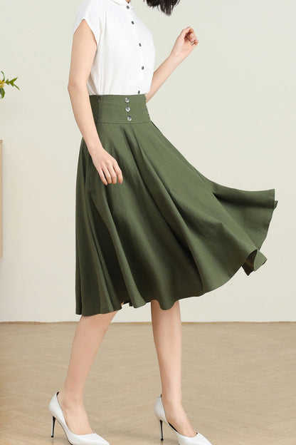 Green Pleated Swing Skirt with Pockets C4729