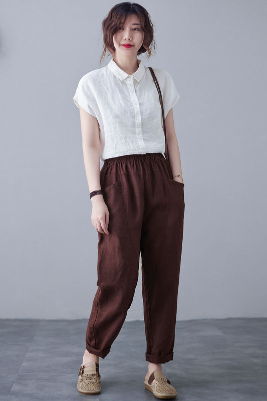 Brown Casual Cropped Linen Pants C2124