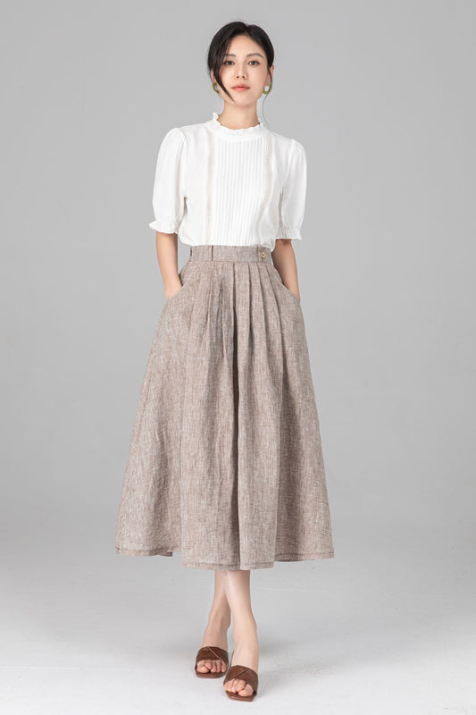Light brown Linen Skirt for Women, A-Line Linen Midi Skirt with Pockets C5520