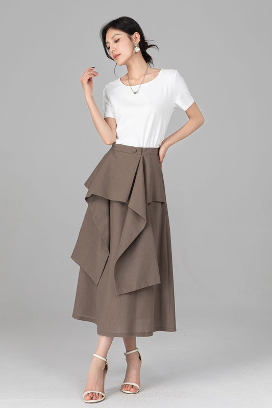 Khaki Linen Cotton Asymmetrical Midi Skirt: High Waist Layered Ruffle A-line Skirt, Ylistyle C5521