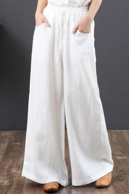 Long wide leg linen pants with drawstring waist C4428