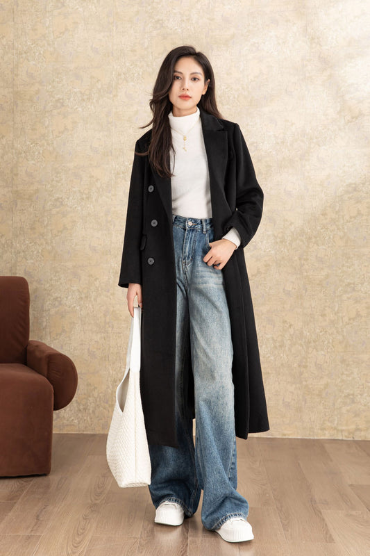 Black winter long casual wool coat C4467