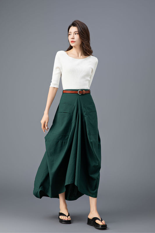 Women's Green Asymmetrical Casual Linen Skirt C3919